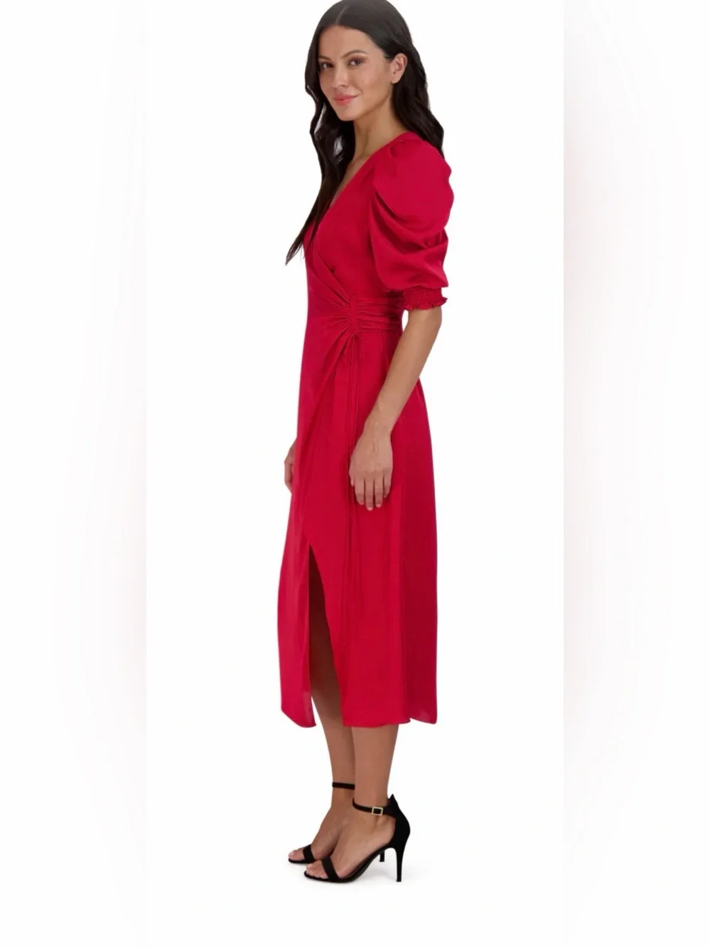 julia jordan Red Wrap Midi Dress with Puff Sleeves